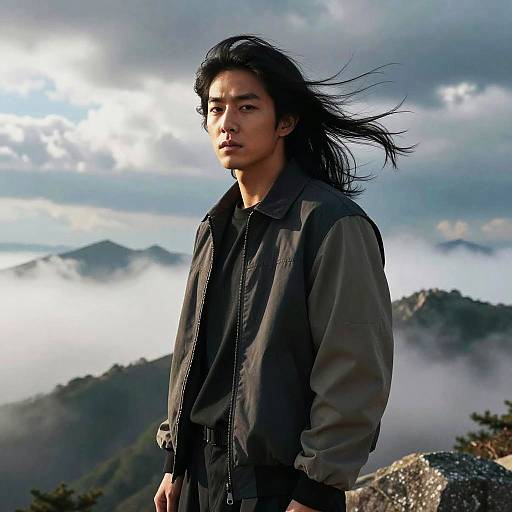 Photograph of an Asian man with long black hair, wearing a black jacket, standing against a misty mountain backdrop with clouds and sunlit peaks.