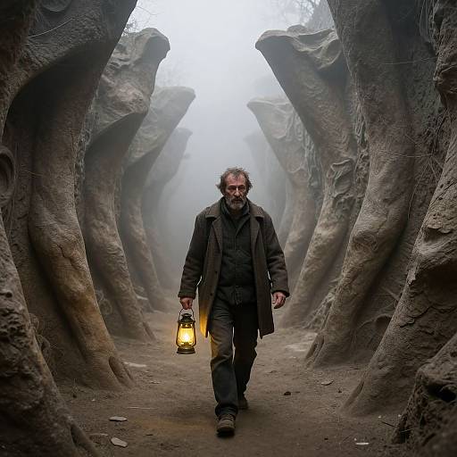 Photograph of a bearded man with disheveled hair, wearing a dark coat and holding a lantern, walking through a misty, rocky cave