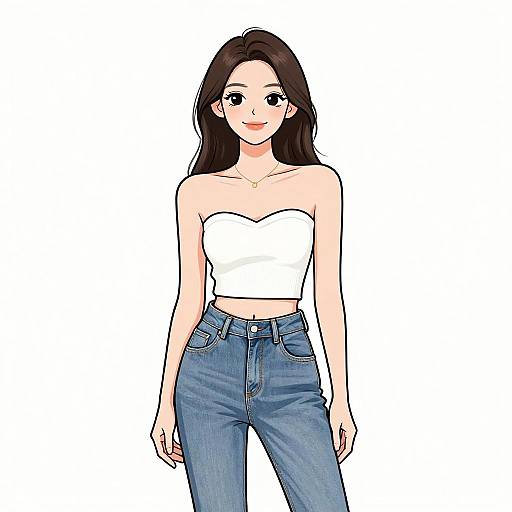 Digital anime-style drawing of a smiling young woman with long black hair, wearing a white strapless crop top and blue jeans.