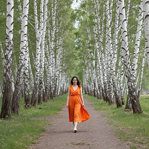 Photograph of a woman with dark hair, wearing an orange dress, walking down a path lined with white birch trees.