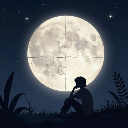 Silhouetted musician sits in grass, playing guitar under a large, bright, full moon with puzzle-piece cracks, surrounded by stars. Digital art