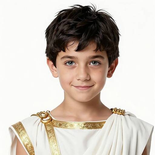 Photograph of a young boy with dark hair and blue eyes, wearing a white, gold-accented ancient Roman-style tunic, smiling against a
