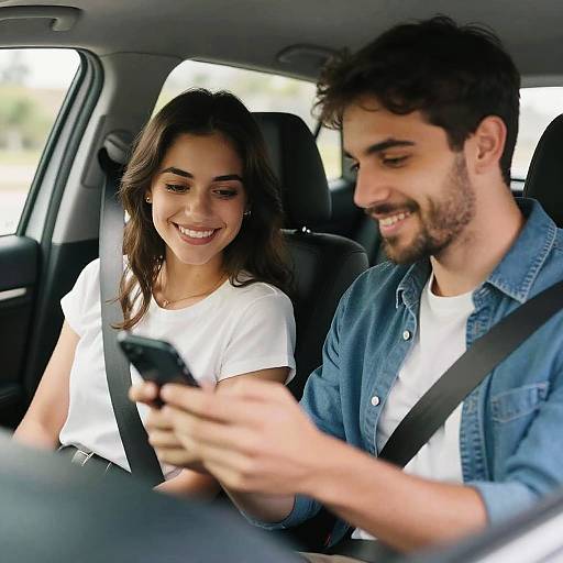 Photograph of a smiling couple in a car, both wearing white shirts; the man in a blue denim jacket, texting, while the woman sits beside