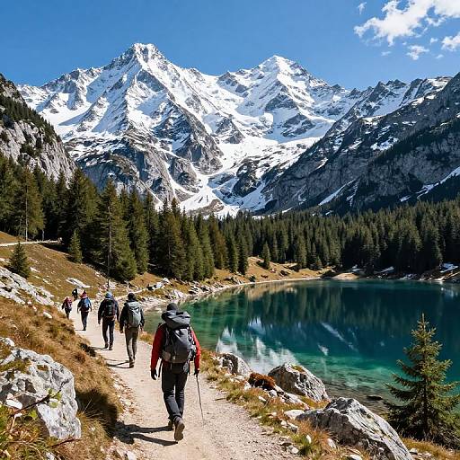 Hikers in Slovenian Alps with Lake and Snowy Peaks