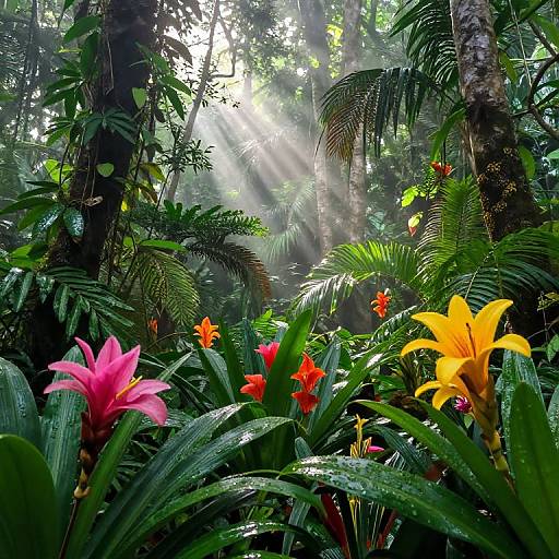 Photograph of a lush, sunlit tropical jungle with vibrant red, pink, and yellow flowers, surrounded by dense green foliage and sunlight filtering through the