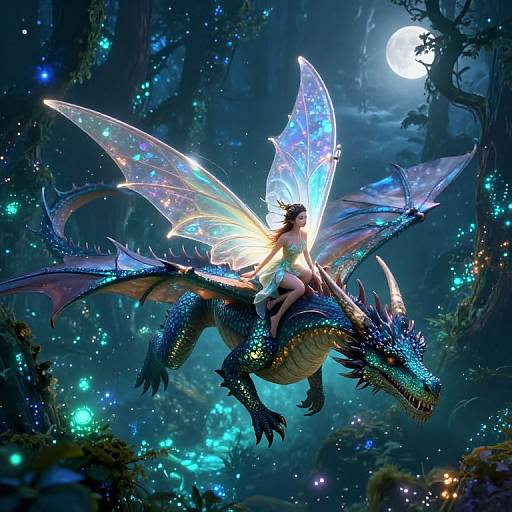 Digital fantasy artwork of a glowing fairy with translucent wings riding a blue, bioluminescent dragon under a full moon in a magical forest.