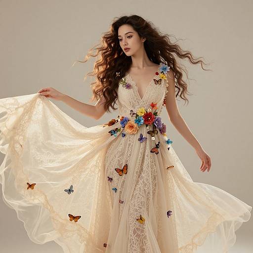 Photograph of a brunette woman with long, wavy hair in a lace, V-neck, white gown adorned with colorful flower and butterfly embroidery, holding