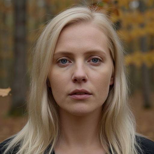 Photograph of a blonde Caucasian woman with fair skin and blue eyes, looking straight ahead, in an autumn forest background.