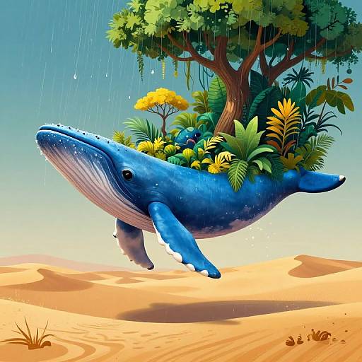 Digital illustration of a blue whale with a lush tree and tropical plants on its back, flying over a sandy desert during rain. Bright colors and whimsical