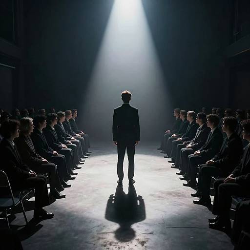 Photograph of a silhouetted man standing center stage, facing audience, under bright spotlight, flanked by seated, shadowed observers.