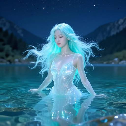 Photorealistic digital art: ethereal, fair-skinned woman with glowing white hair stands in a luminous, starlit lake, her translucent dress