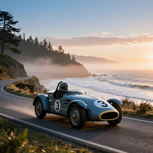 Photograph of a vintage blue racing car with number 9, driving along a coastal road at sunset, misty ocean waves in background, evergreen