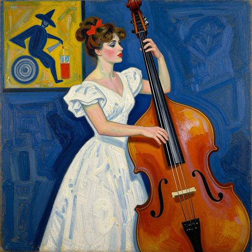 Vibrant painting of a fair-skinned woman with red hair in a white, ruffled dress, playing a large brown cello against a blue