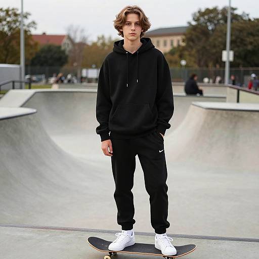 Photograph of a young man with wavy brown hair, wearing a black hoodie and pants, standing on a skateboard in a concrete skate park.