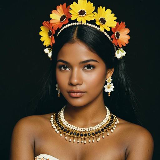 Dark-Skinned Woman Wearing Floral Headdress and Jewelry