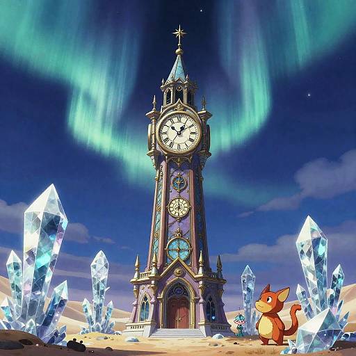 Amano-Inspired Arcane Clocktower Under Aurora