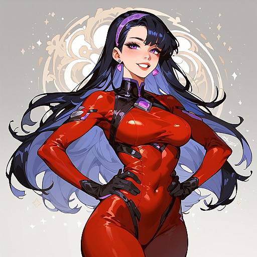 Confident Anime Woman in Red Bodysuit
