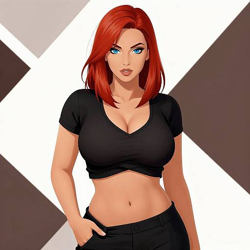 Digital illustration of a red-haired woman with blue eyes, wearing a black crop top and black pants, standing against a white and brown diagonal-striped background.