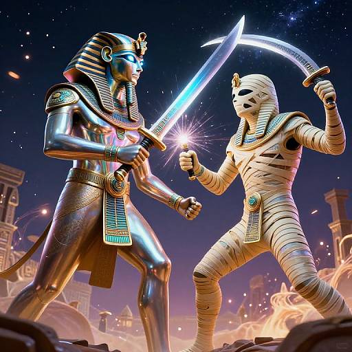 Digital artwork: An Egyptian god in shiny armor and a glowing sword faces an Anubis-wrapped mummy with a curved sword under a starry