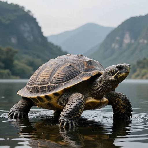 Photograph of a large turtle with detailed, patterned shell, standing in calm water, surrounded by lush, mountainous landscape in the background.