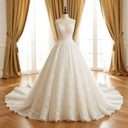 Photograph of a white, lace-embellished, strapless wedding gown on a dress form in a sunlit room with golden curtains.