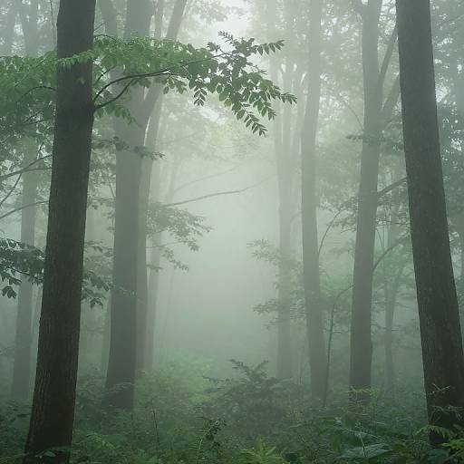 Photograph of a misty forest with tall, dark, vertical tree trunks, green leaves, and dense fog creating a mysterious, serene atmosphere.