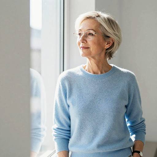 Photograph of an elderly woman with short blonde hair, wearing glasses and a light blue sweater, standing near a bright window.
