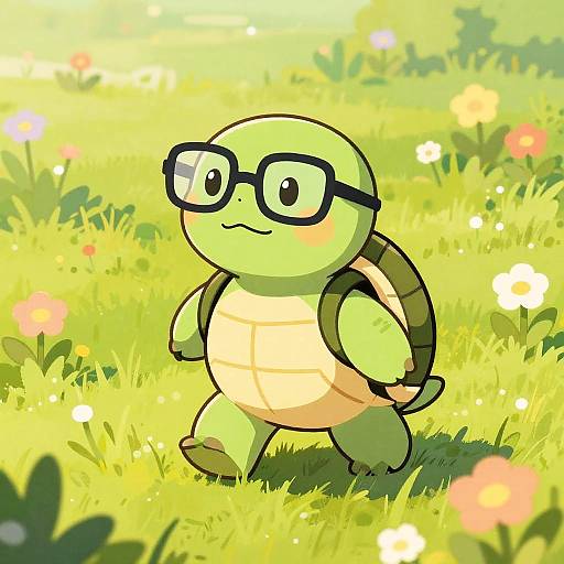 Cartoon Turtle in Sunny Meadow