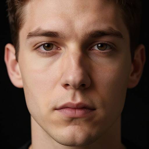 Close-up photograph of a young Caucasian man with light brown eyes, short brown hair, and a neutral expression against a black background.