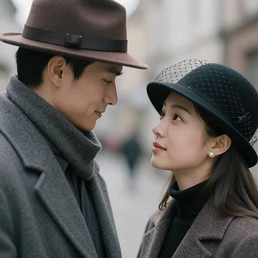 Couple in Winter Hats and Coats Gazing at Each Other