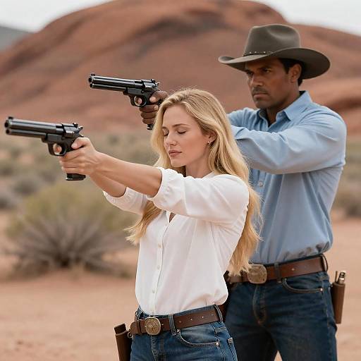Dramatic Western Duo with Guns Raised