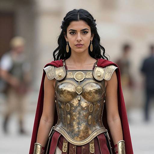 Photograph of a young woman with long black hair, wearing a golden, intricately designed Roman-style armor with red cape, standing in a blurred,