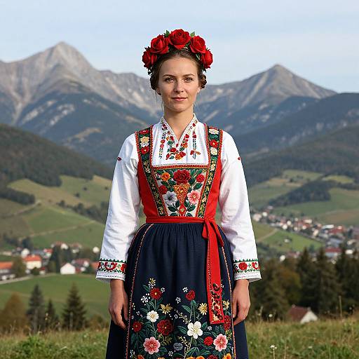Photograph of a smiling woman in traditional Bavarian dress with red flowers in her hair, standing in a green mountain village.