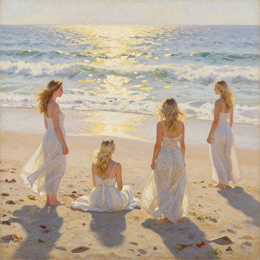 Three blonde women in white, flowing dresses stand and sit on a sunlit beach, gazing at sparkling ocean waves.
