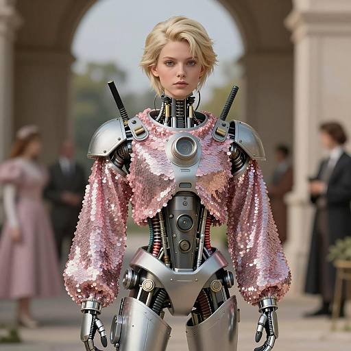 Futuristic Cyborg Woman in Pink Sequin Top