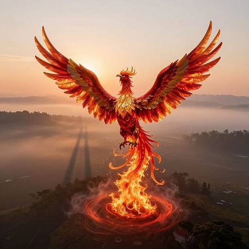 Digital illustration of a majestic phoenix with fiery red and orange feathers, wings spread wide, standing on a flaming circular base at sunrise, misty landscape in