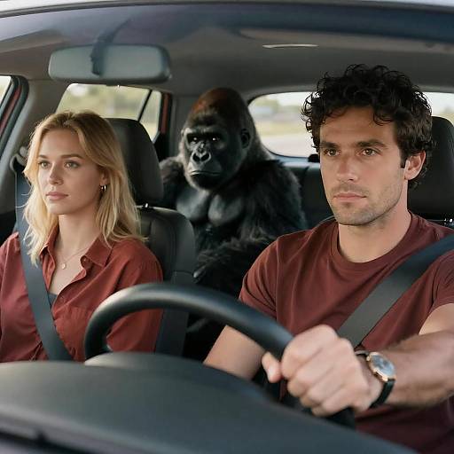 Man Woman Gorilla in Sunlit Car