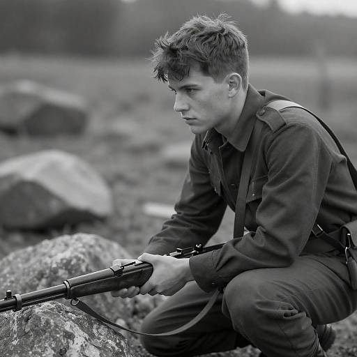 Crouching Young Soldier in Rocky Field