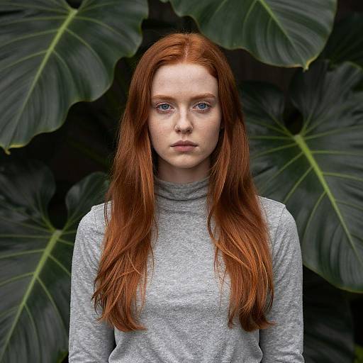 Photograph of a pale-skinned, red-haired woman with blue eyes, wearing a gray long-sleeve shirt, standing against a dark, leaf