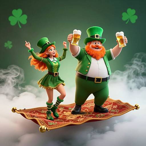 Digital illustration of a red-haired woman and a bearded man in green leprechaun outfits, holding beer mugs, standing on a red carpet