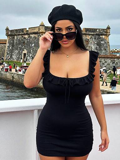 Photorealistic digital image of a curvy Latina woman with long black hair, wearing a black beret, sunglasses, and a ruffled black dress