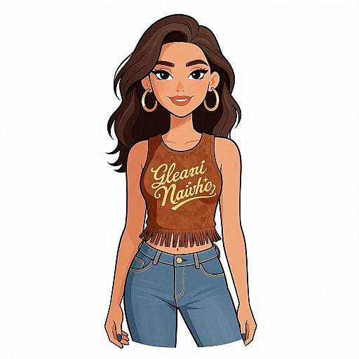 Digital drawing of a smiling woman with long brown hair, wearing large hoop earrings, a brown fringed tank top with 