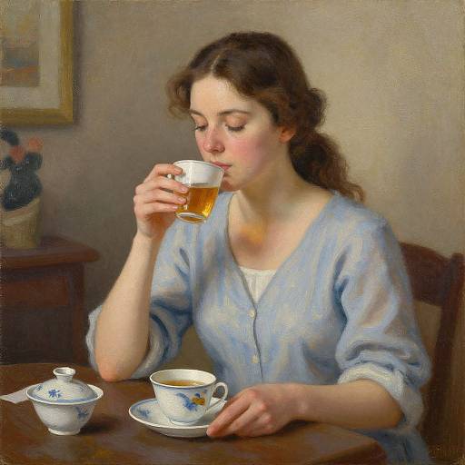 Oil painting of a fair-skinned woman with brown hair, wearing a blue blouse, sipping tea from a cup on a wooden table.