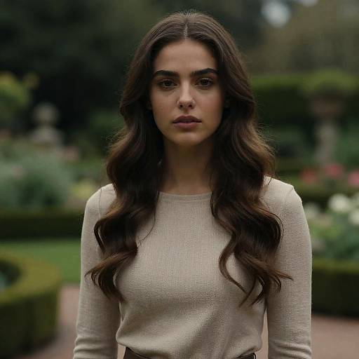 Photograph of a serious young woman with long, wavy brown hair, wearing a beige, long-sleeve sweater, standing in a blurred garden