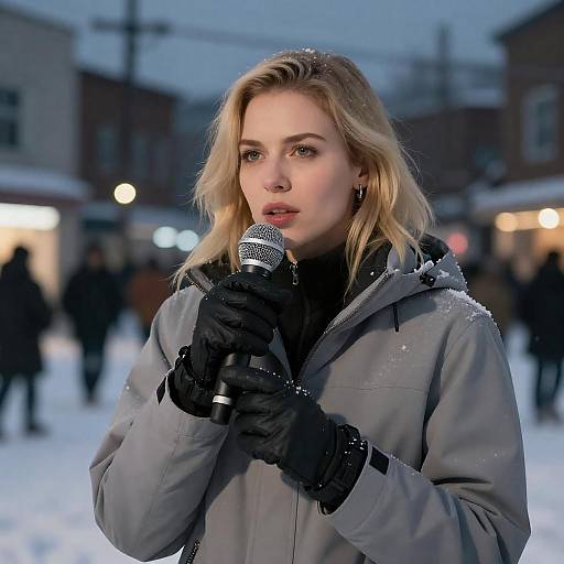 Focused Blonde Woman in Snowy Urban Night