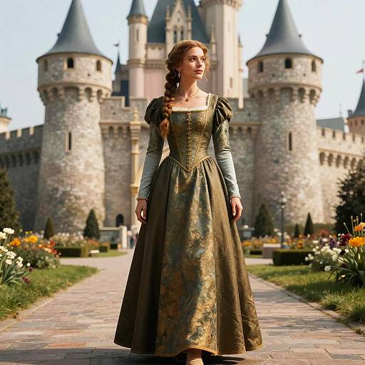 Woman in Medieval Dress in Front of Castle