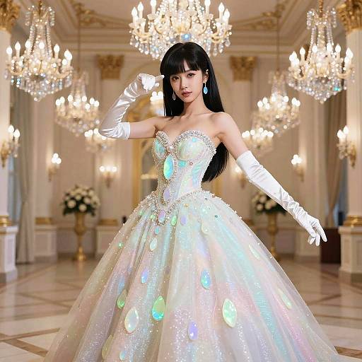 Digital rendering of an elegant East Asian woman in a sparkling, iridescent ball gown with long gloves, standing in an opulent, chandelier-l