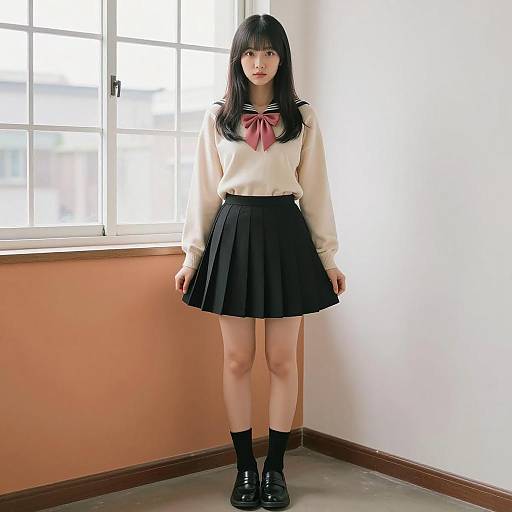 Asian Woman in School Uniform Standing Indoors