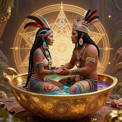 Digital art of two Native American men with feathered headdresses, adorned in colorful jewelry, sitting in a golden ceremonial bathtub, hands touching, illuminated by
