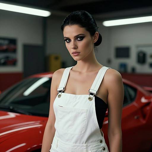Photograph of a slender woman with dark hair in a bun, wearing white overalls, standing in an industrial garage with a red car in the background